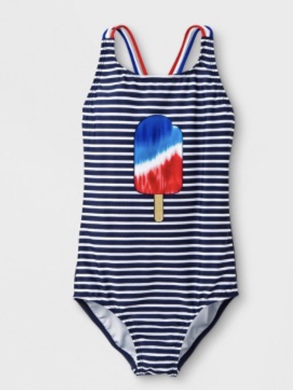 Cat & Jack Girls Navy White Stripe One-Piece Swim with Popsicle (Kids XL, 14/16)